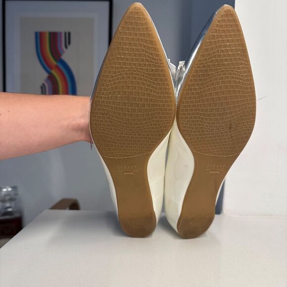 Stuart Weitzman Whiskerlo Pointed Toe Flats in White Patent Leather with Silver - Picture 10 of 11